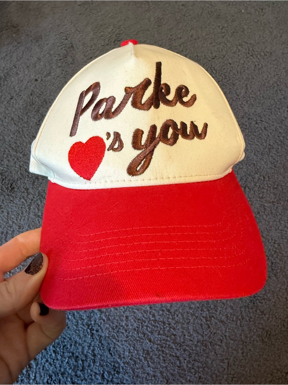 Parke Official "Parke Loves You" Valentine's Day ball cap in white and red. - Picture 2 of 4